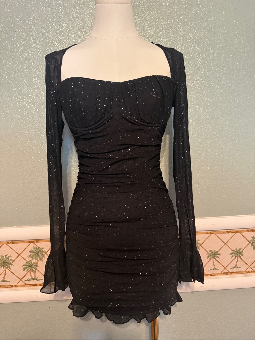Black Glitter Long-Sleeve Ruched Mini Dress